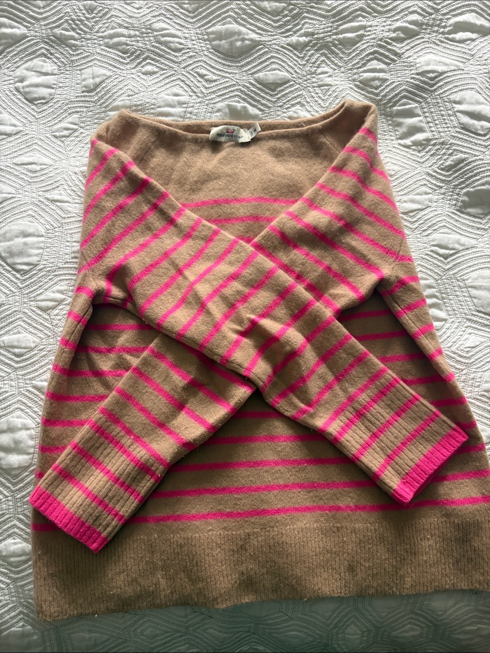 Vineyard Vines Camel and Hot Pink Striped Boatneck Sweater